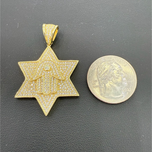 Star Of David Hamsa Pendant 925 Sterling Silver Gold Plated Iced CZ Charm 1.8 in - Picture 3 of 3